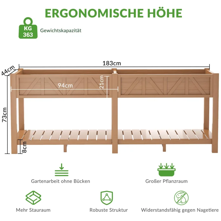 Hochbeet 183x44x73cm, Wetterfestes Pflanzkübel Außen mit Ablagefach, 6 Haken & 2 Vlieseinlagen, Für Gemüse Blumen Kräuter, Garten Balkon Terrasse, Teak Optik – Bild 2