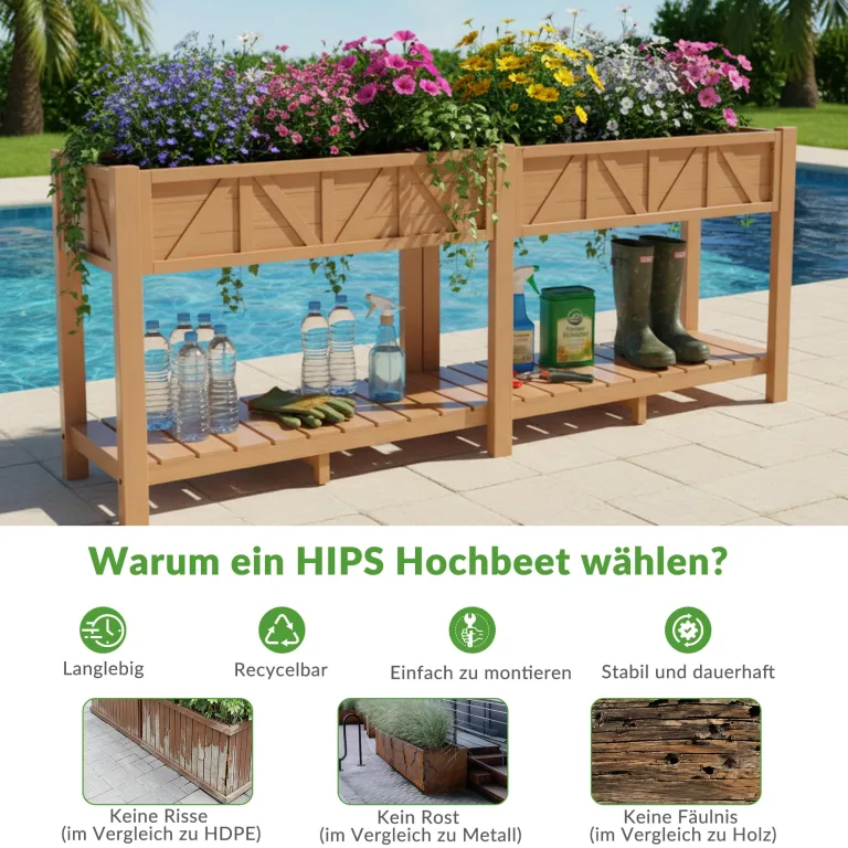 Hochbeet 183x44x73cm, Wetterfestes Pflanzkübel Außen mit Ablagefach, 6 Haken & 2 Vlieseinlagen, Für Gemüse Blumen Kräuter, Garten Balkon Terrasse, Teak Optik – Bild 6
