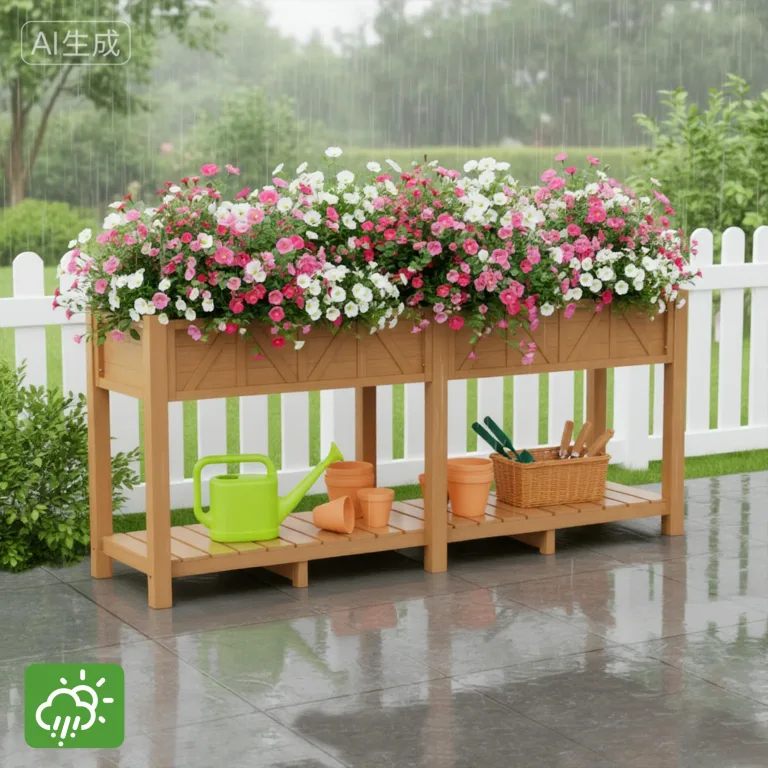 Hochbeet 183x44x73cm, Wetterfestes Pflanzkübel Außen mit Ablagefach, 6 Haken & 2 Vlieseinlagen, Für Gemüse Blumen Kräuter, Garten Balkon Terrasse, Teak Optik – Bild 8
