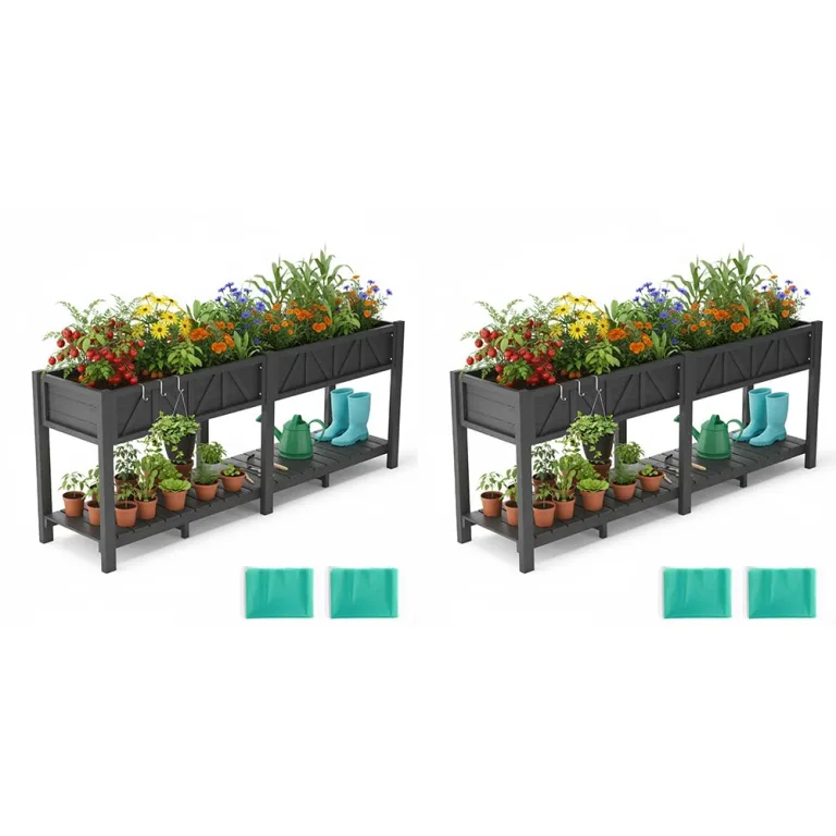 Hochbeet 183x44x73cm, Wetterfestes Pflanzkübel Außen mit Ablagefach, 6 Haken & 2 Vlieseinlagen, Für Gemüse Blumen Kräuter, Garten Balkon Terrasse, Teak Optik – Bild 10