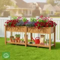 Hochbeet 183x44x73cm, Wetterfestes Pflanzkübel Außen mit Ablagefach, 6 Haken & 2 Vlieseinlagen, Für Gemüse Blumen Kräuter, Garten Balkon Terrasse, Teak Optik - Thumbnail 7