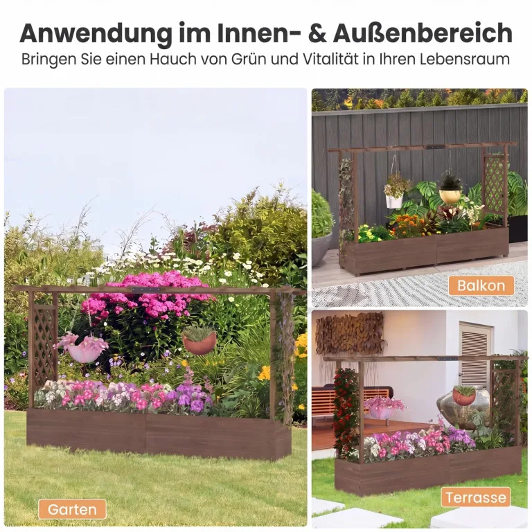 COSTWAY Blumenkasten mit Rankgitter & hängendem Dach, Pflanzkasten mit Rankhilfe, Hochbeet für Kletterpflanzen & hängende Körbe, für Hof Garten Terrasse, Pflanzkübel Holz, Braun (200x44x114cm) – Bild 7