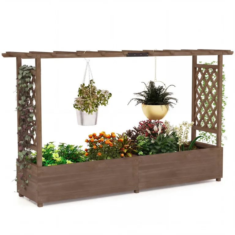 COSTWAY Blumenkasten mit Rankgitter & hängendem Dach, Pflanzkasten mit Rankhilfe, Hochbeet für Kletterpflanzen & hängende Körbe, für Hof Garten Terrasse, Pflanzkübel Holz, Braun (200x44x114cm) – Bild 1
