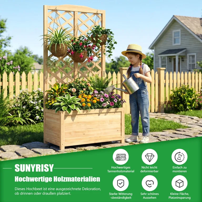 SUNYRISY 2 Stück Holz Hochbeet mit Rankgitter, Blumenkasten mit Rankhilfe, Garten Pflanzkübel mit Spalier, Sichtschutz Garten Pflanzkasten Pflanzkübel, 76 x 40 x 150 cm – Bild 2