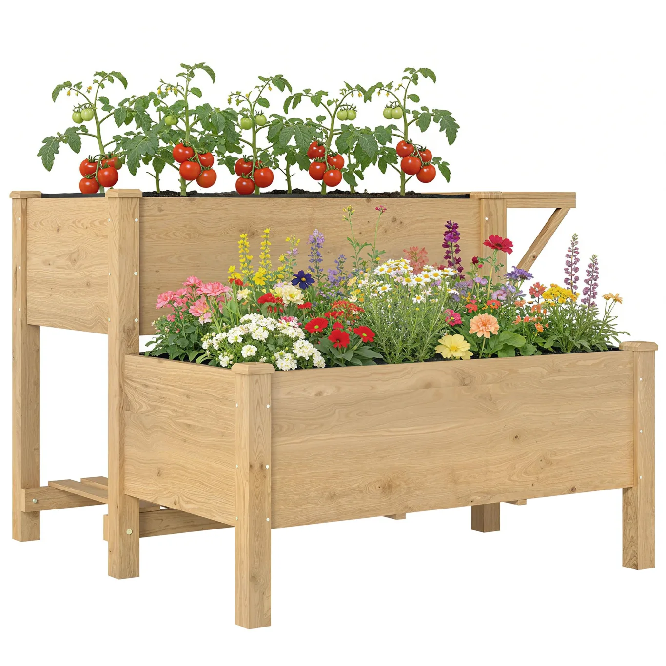 Outsunny Hochbeet 2-stufig erhöhter Pflanzkasten mit Vliesstoff Abflussloch Seitentisch, Holz Gemüsebeet Blumenkasten für Garten Balkon 119,5 x 102 x 76,5 cm Hellbraun - Bild 1