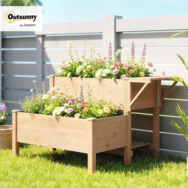 Outsunny Hochbeet 2-stufig erhöhter Pflanzkasten mit Vliesstoff Abflussloch Seitentisch, Holz Gemüsebeet Blumenkasten für Garten Balkon 119,5 x 102 x 76,5 cm Hellbraun – Bild 2