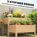 Outsunny Hochbeet 2-stufig erhöhter Pflanzkasten mit Vliesstoff Abflussloch Seitentisch, Holz Gemüsebeet Blumenkasten für Garten Balkon 119,5 x 102 x 76,5 cm Hellbraun - Thumbnail 3