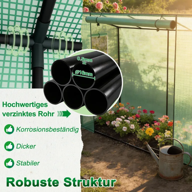 YRHome Schrägdach Gewächshau 200 x 80 x 150 cm Mit Tür & Aufrollbare Fenster Atmungsaktives Gewächshaus,Verzinktem Stahl Rohre Tomatenhaus UV-Schutz für Gemüse,Grün – Bild 4