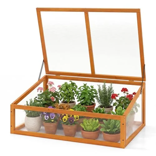 GYMAX Frühbeet Holz, Frühbeetaufsatz mit klappbares Dach, Fruhbeet Gewachshaus, Frühbeetkasten Aufsatz, Pflanzkasten für Balkon & Terrasse, 94 x 63 x 40 cm (Orange) – Bild 10