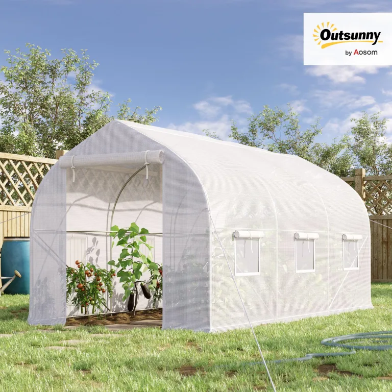 Outsunny Gewächshaus, Gartentunnel, 8 m², mit Polyethylen-Plane, hohe Dichte, 140 g/m², Gartengewächshaus, Tunnel 400 x 200 x 200 cm, 2 Türen, 6 Fenster, für Gemüse, Obst, Blumen, alle Jahreszeiten – Bild 2