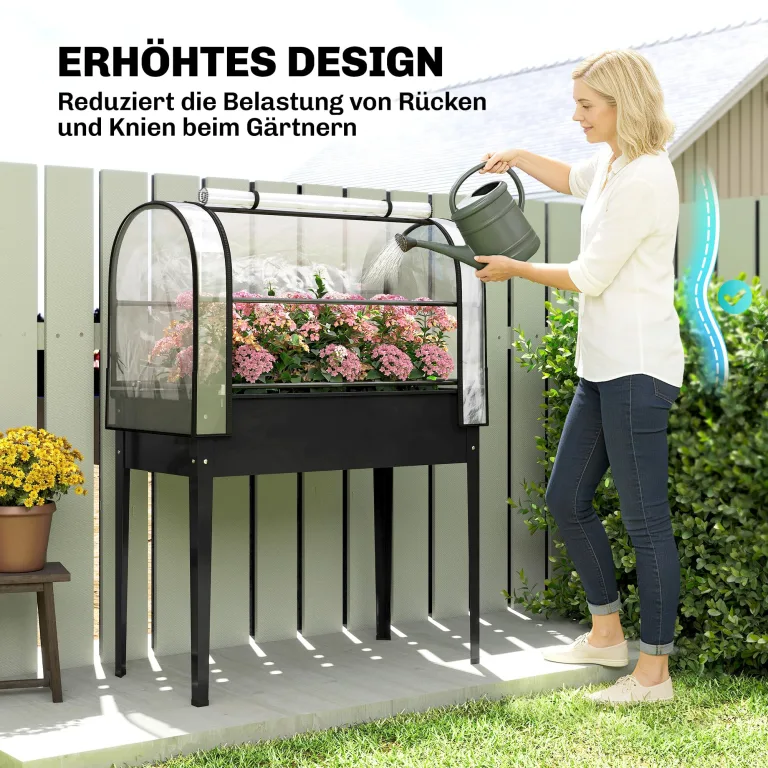 Outsunny Hochbeet mit Gewächshaus-Aufsatz erhöhter Pflanzkasten mit aufklappbar Abdeckung Rollbar Reißverschlusstür Abflussloch Metall Gemüsebeet Blumenkasten für Garten Balkon 100x49x136 cm Schwarz – Bild 6
