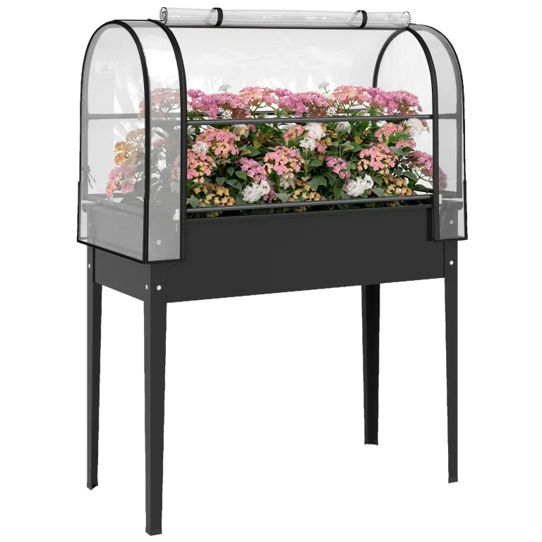 Outsunny Hochbeet mit Gewächshaus-Aufsatz erhöhter Pflanzkasten mit aufklappbar Abdeckung Rollbar Reißverschlusstür Abflussloch Metall Gemüsebeet Blumenkasten für Garten Balkon 100x49x136 cm Schwarz – Bild 1