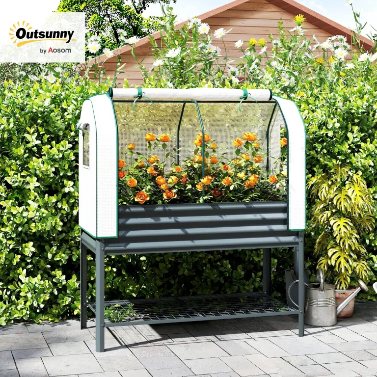 Outsunny Hochbeet mit Frühbeetaufsatz aus Metall Pflanzkasten mit Gewächshaus Ablagefach, Erhöhtes Frühbeet Pflanzbeet 120 x 55 x 140cm Kräuterbeet für Garten Balkon Terrasse Dunkelgrau – Bild 2