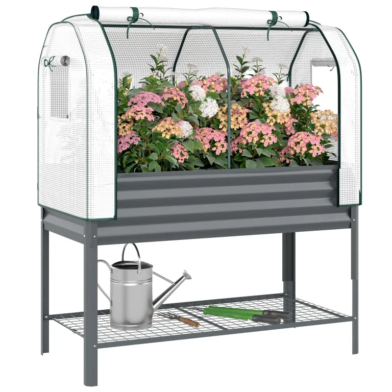 Outsunny Hochbeet mit Frühbeetaufsatz aus Metall Pflanzkasten mit Gewächshaus Ablagefach, Erhöhtes Frühbeet Pflanzbeet 120 x 55 x 140cm Kräuterbeet für Garten Balkon Terrasse Dunkelgrau – Bild 1