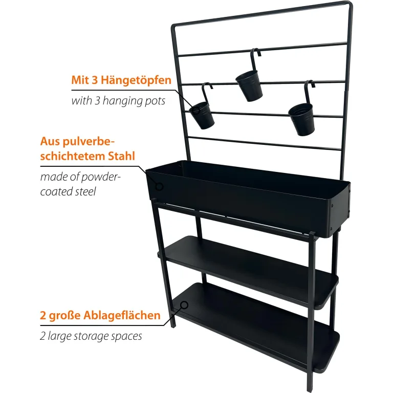dobar® Metall-Hochbeet mit Rankgitter und 3 Hängetöpfen – Pflanzregal aus pulverbeschichtetem Stahl mit 2 Ablagen – Pflanzkasten für Balkon, Terrasse und Garten – 94 x 30 x 155 cm - Anthrazit – Bild 3