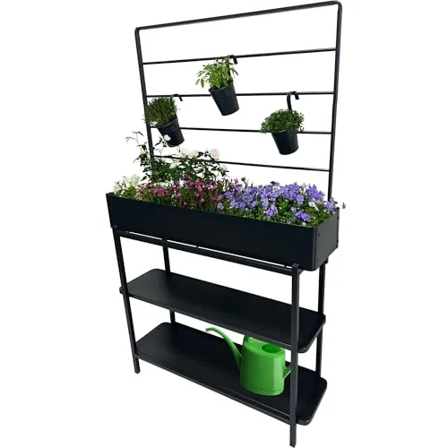 dobar® Metall-Hochbeet mit Rankgitter und 3 Hängetöpfen – Pflanzregal aus pulverbeschichtetem Stahl mit 2 Ablagen – Pflanzkasten für Balkon, Terrasse und Garten – 94 x 30 x 155 cm - Anthrazit – Bild 6