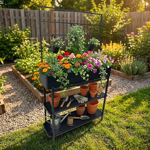 dobar® Metall-Hochbeet mit Rankgitter und 3 Hängetöpfen – Pflanzregal aus pulverbeschichtetem Stahl mit 2 Ablagen – Pflanzkasten für Balkon, Terrasse und Garten – 94 x 30 x 155 cm - Anthrazit – Bild 10