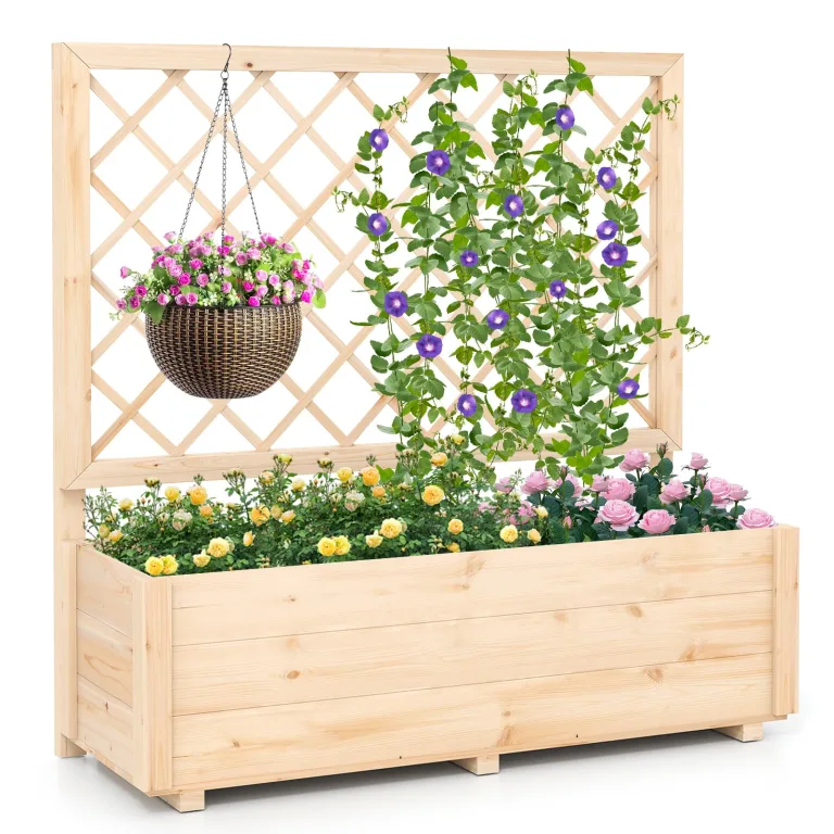 COSTWAY Blumenkasten mit Rankgitter, Hochbeet mit Spalier & Drainagelöchern, Pflanzkübel mit Sichtschutz, Pflanzkasten für Kletterpflanzen, Blumenkübel für Garten Balkon, Holz, Natur, 98 x 35 x 101 cm – Bild 1