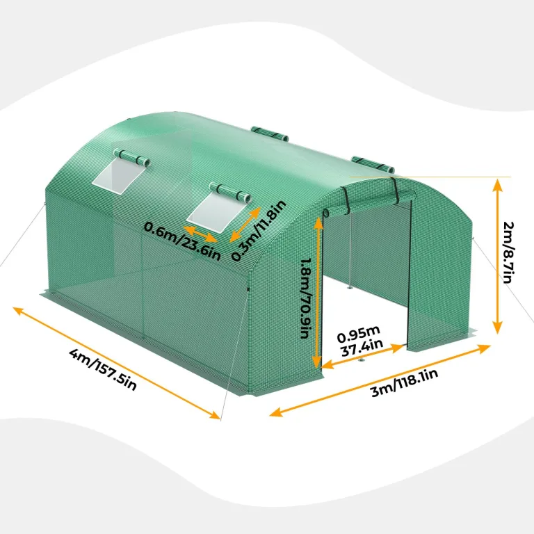 300x400x200 cm Foliengewächshaus Winterfest Gewächshaus mit 25mm Stahlrahmen, 140g/m² PE UV50+ Abdeckung, 4 Fenster & 2 Türen, Tomatenhaus mit Erdankern und Abspannseilen – Bild 2