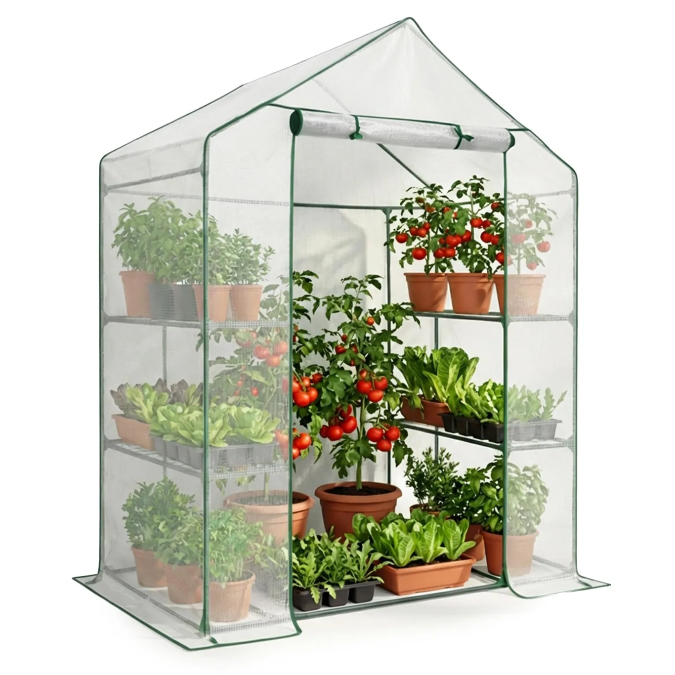 AKORD Mini Gewächshaus in Hausform mit Metallgestell & Regalen, Begehbares Foliengewächshaus mit PE-Folie & UV-Schutz, 143x73x195 cm, Weiß - Bild 1
