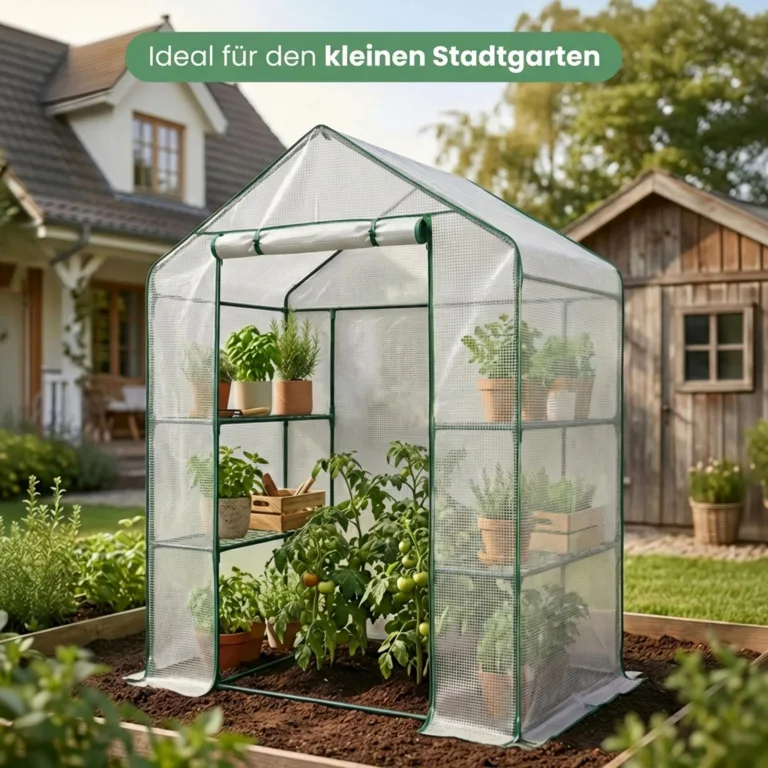AKORD Mini Gewächshaus in Hausform mit Metallgestell & Regalen, Begehbares Foliengewächshaus mit PE-Folie & UV-Schutz, 143x73x195 cm, Weiß – Bild 2