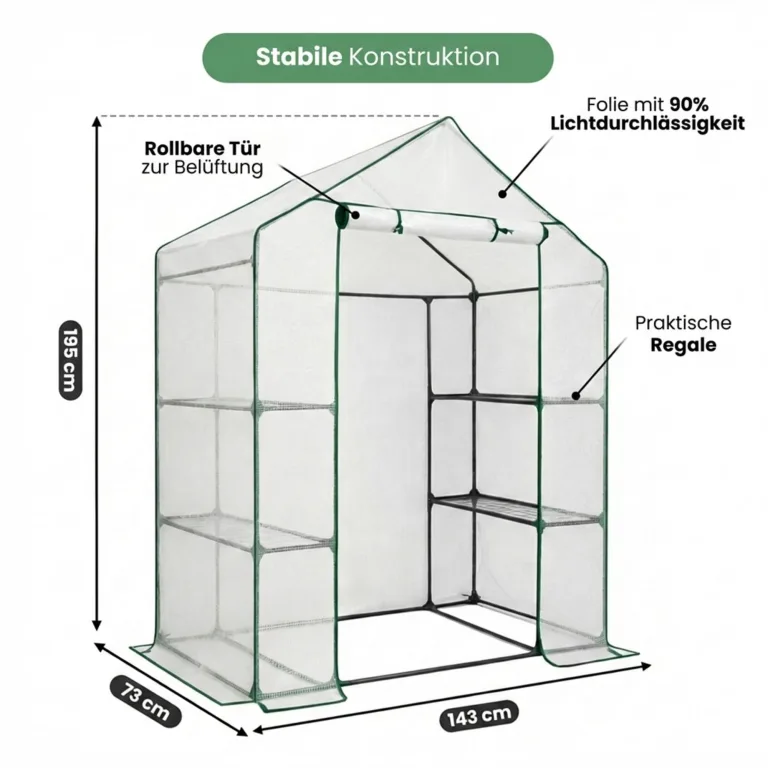 AKORD Mini Gewächshaus in Hausform mit Metallgestell & Regalen, Begehbares Foliengewächshaus mit PE-Folie & UV-Schutz, 143x73x195 cm, Weiß – Bild 3