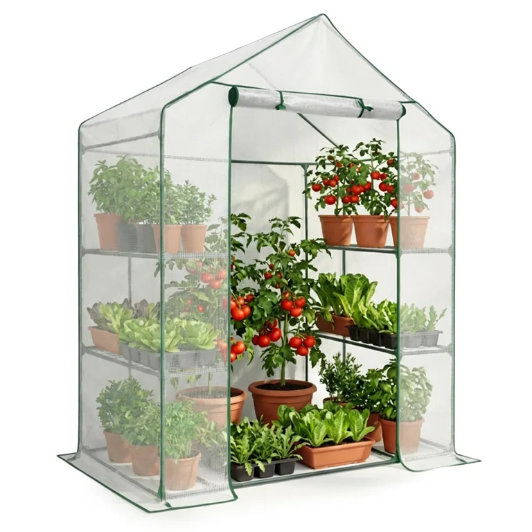 AKORD Mini Gewächshaus in Hausform mit Metallgestell & Regalen, Begehbares Foliengewächshaus mit PE-Folie & UV-Schutz, 143x73x195 cm, Weiß – Bild 1