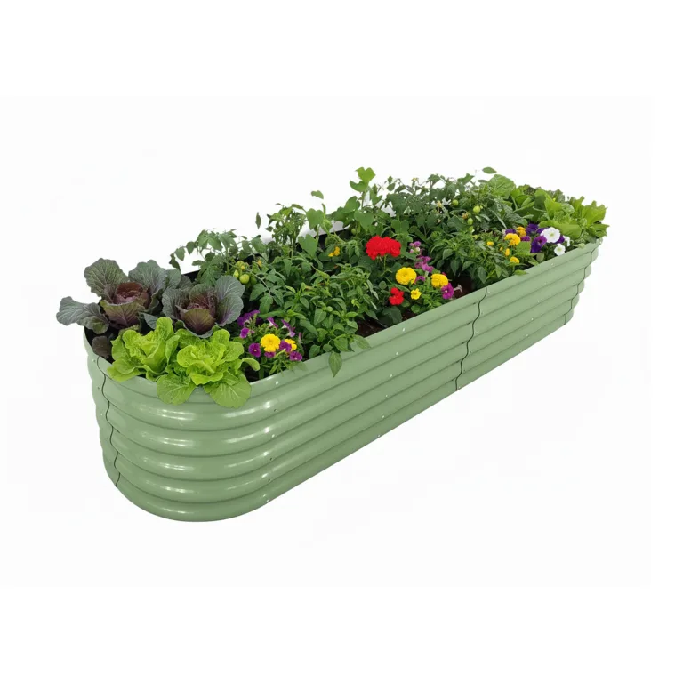 Relaxdays Hochbeet, Metall, XXL, Blumen, Pflanzen & Gemüse, HxBxT: 45x240x60 cm, halbrundes Pflanzenbeet, salbeigrün – Bild 1