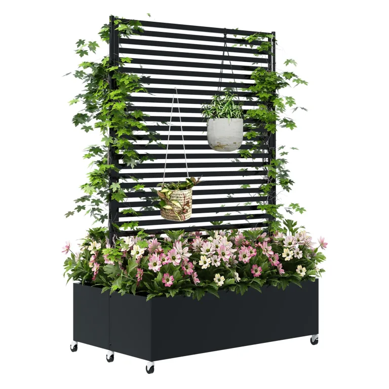 Hochbeet aus Metall mit Rad, Pflanzkasten aus Metall für den Außenbereich mit Spalier, freistehender Pflanzkasten mit Sichtschutz für den Außenbereich für Garten, Terrasse, Balkon – Bild 7