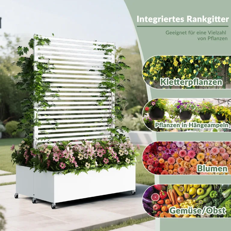 Hochbeet aus Metall mit Rad, Pflanzkasten aus Metall für den Außenbereich mit Spalier, freistehender Pflanzkasten mit Sichtschutz für den Außenbereich für Garten, Terrasse, Balkon – Bild 4