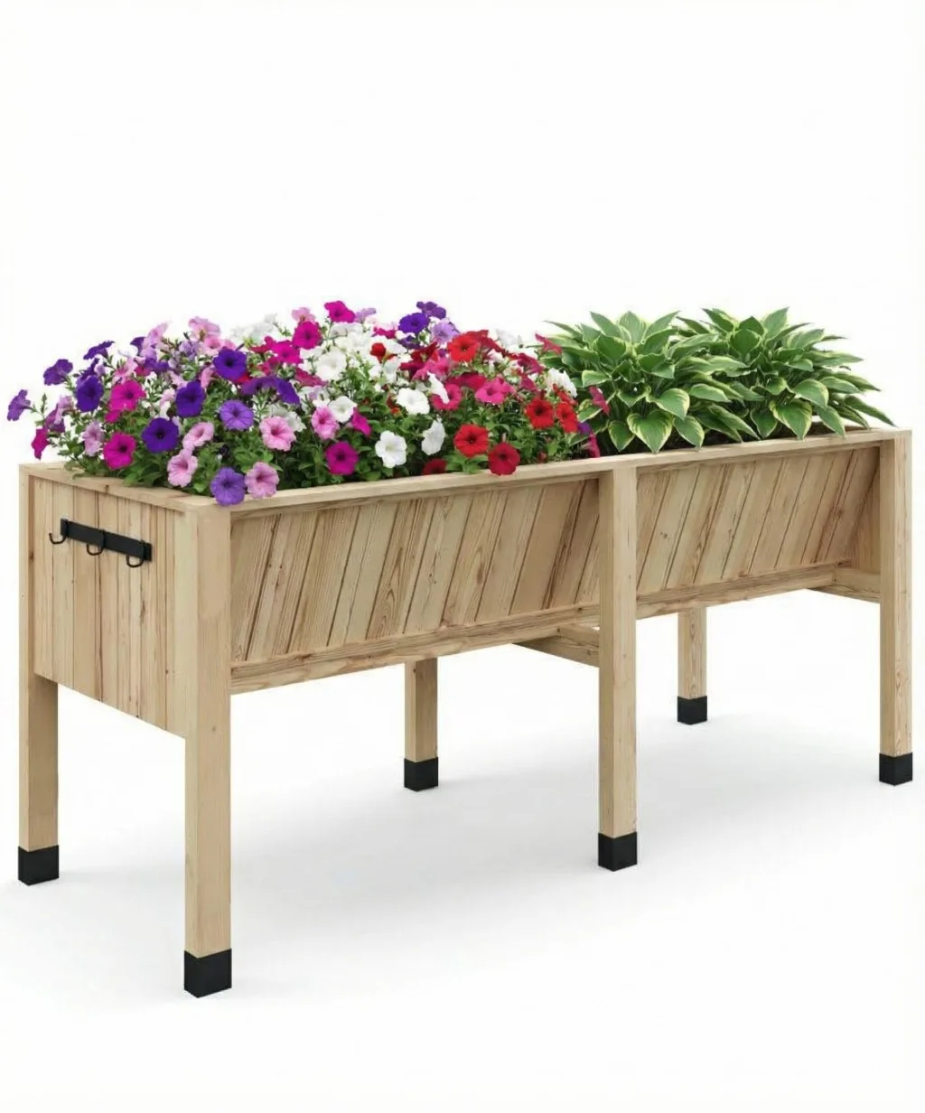 GarveeTech Robustes Hochbeet aus Holz mit 6 Beinen – Herausnehmbarer Liner & Haken – Tiefe 35cm – Für Gemüse & Kräuter im Garten, auf Balkon oder Terrasse – Natürliche Holzfarbe – Größe: 183x66x79cm