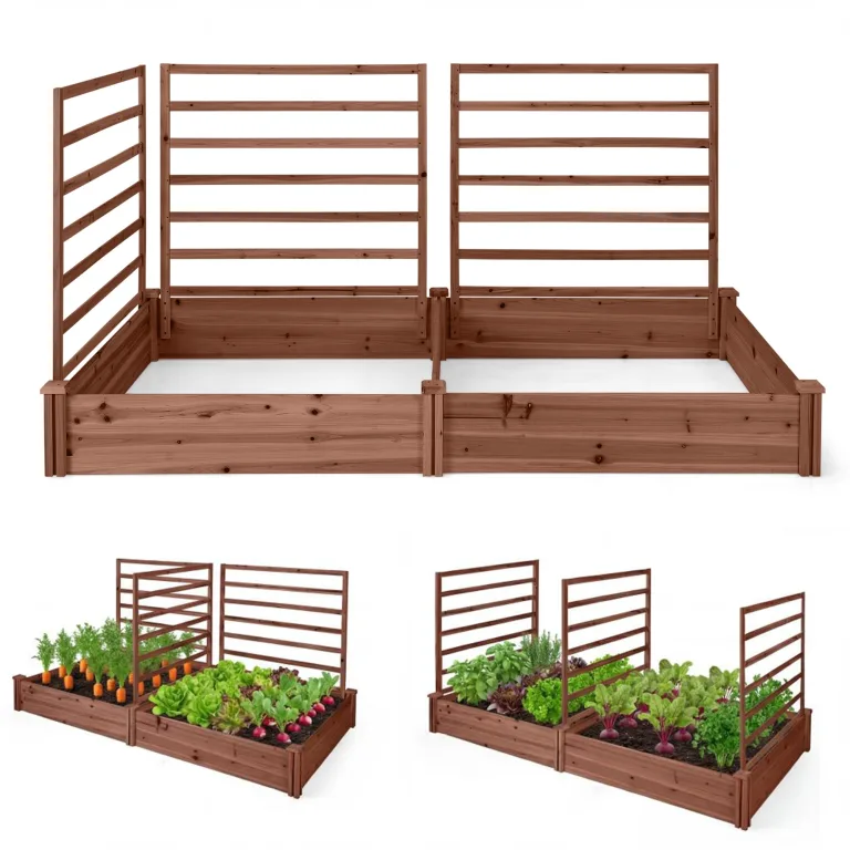 HOMASIS Blumenkasten mit Rankgitter, Hochbeet mit Spalier, Pflanzenkasten Holz, Blumenbeet mit Rankhilfer, Gartenspalier für Kletterpflanzen, Rankkasten für Balkon Garten (Braun, 222x114x110cm) – Bild 1