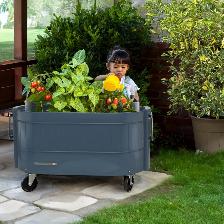 Permasteel Hochbeet Metall mit Rollen für Garten oder Balkon - Pflanzkübel groß außen 57x42x82 cm - Selbstbewässerungssystem, Wasserstandsanzeige und Ablassventil - Für Gemüse, Kräuter oder Blumen – Bild 9