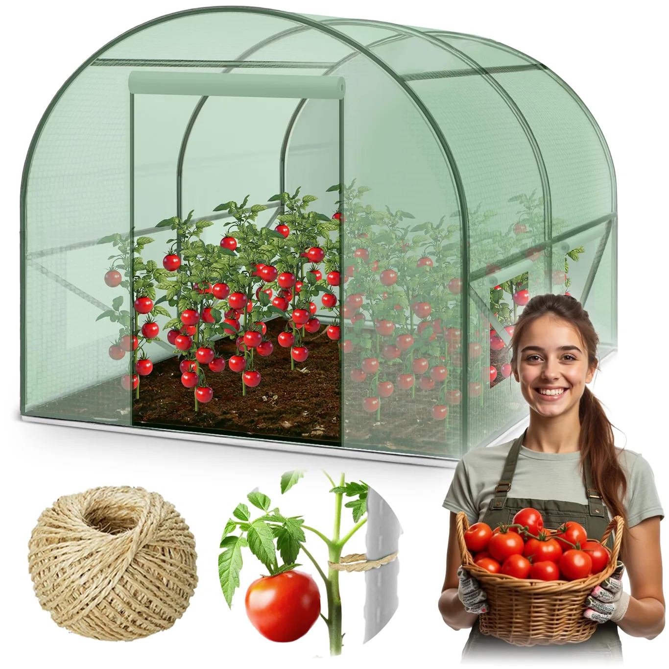 Gewächshaus Foliengewächshaus - 4 m² - Tomatenhaus mit 4 Fenstern und verzinktem Stahlrahmen - 100 m Sisalschnur Garten - Grün - Bild 1
