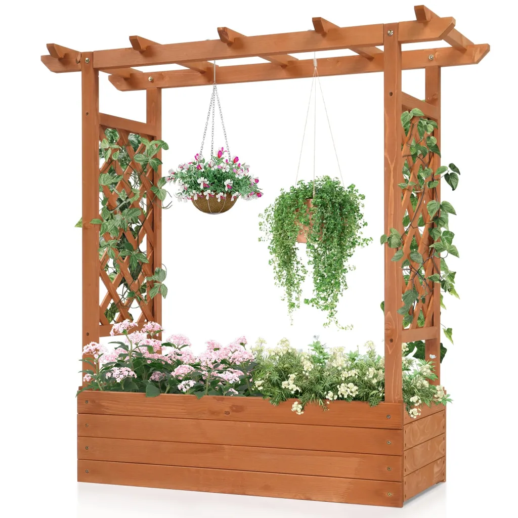LEADZM pflanzkübel mit rankgitter, Holz Blumenkasten mit rankgitter Ablauflöchern, Hochbeet Balkon für Kletterpflanzen & hängende (Standardausgabe(110 x 45 x 113 cm))