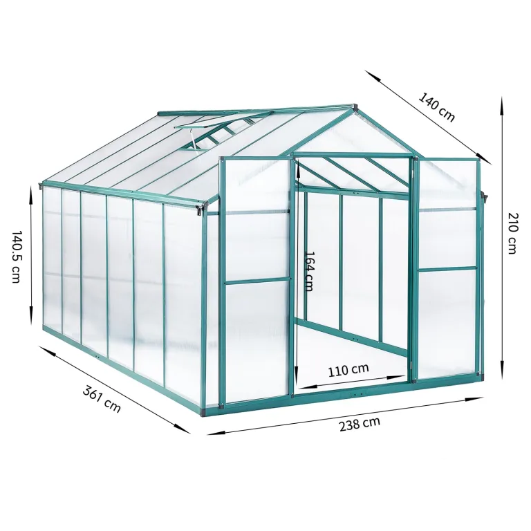 Gewächshaus Aluminium mit Fundament 361x238cm - 8,59m² Tomatenhaus winterfestes Gewächshaus in Grau - stabiles Gartengewächshaus für Balkon & Garten (Grün, 361*238*210cm) – Bild 2