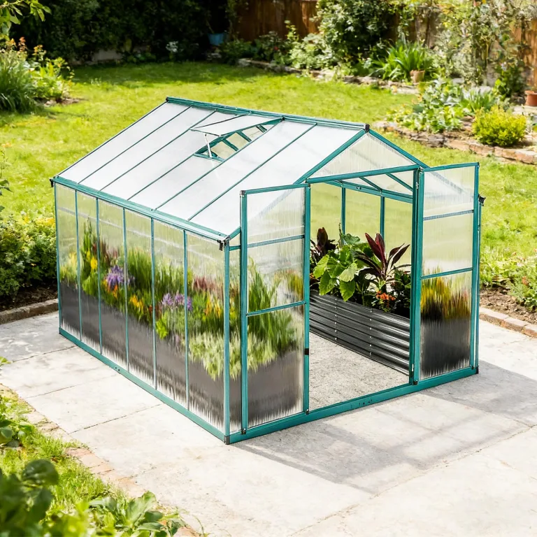 Gewächshaus Aluminium mit Fundament 361x238cm - 8,59m² Tomatenhaus winterfestes Gewächshaus in Grau - stabiles Gartengewächshaus für Balkon & Garten (Grün, 361*238*210cm) – Bild 4