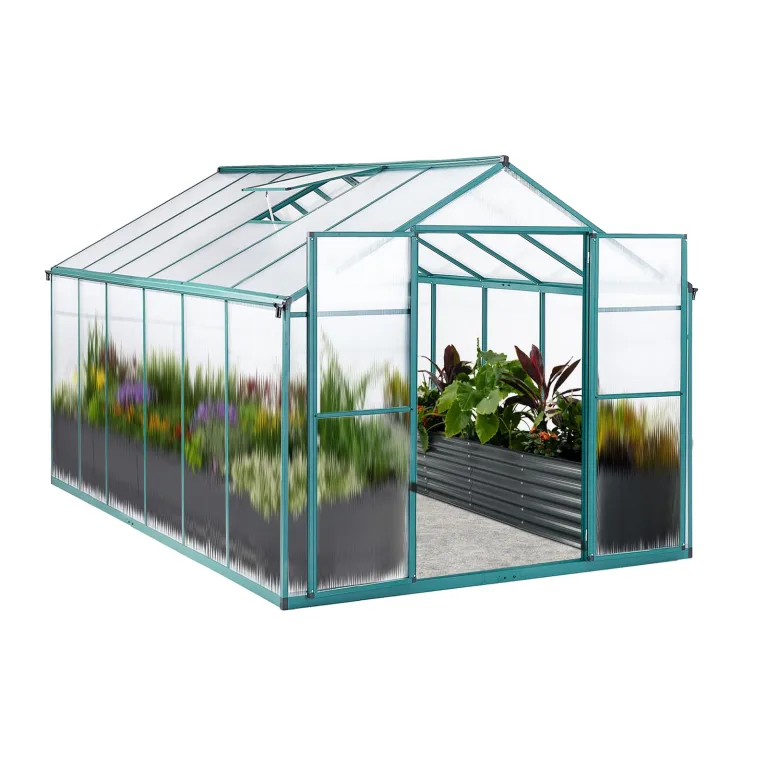 Gewächshaus Aluminium mit Fundament 361x238cm - 8,59m² Tomatenhaus winterfestes Gewächshaus in Grau - stabiles Gartengewächshaus für Balkon & Garten (Grün, 361*238*210cm) – Bild 1