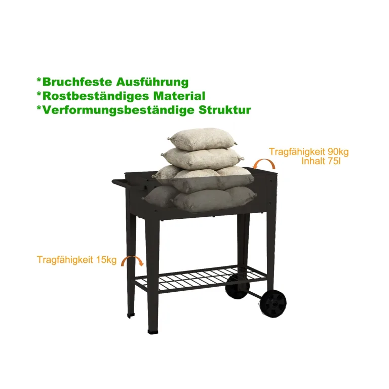Hochbeet Metall mit Rädern und Ablage 108 x51x80cm, Blumenkasten Frühbeet Kräuterbeet Pflanzenbeet, Gemüsebeet Gartenbeet Blumenkübel für Balkon，Garten，Anthrazit – Bild 7