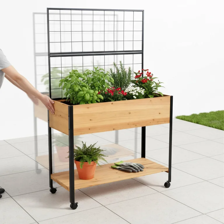 Relaxdays Hochbeet mit Rankgitter, Ablagefach, Rollen, HxBxT 165x102x47,5 cm, Holz, Stahl, Tischbeet, Natur/schwarz – Bild 6