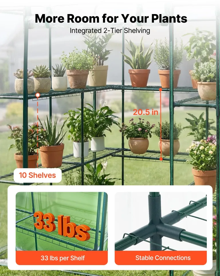 VEVOR Gewächshaus 137x137x196 cm, Foliengewächshaus, Tomatenhaus, Tomatengewächshaus mit PVC-Abdeckung, 2 Ebenen, 10 Regalböden, Aufrollbarer Reißverschlusstür, Treibhaus für Außenbereich – Bild 4