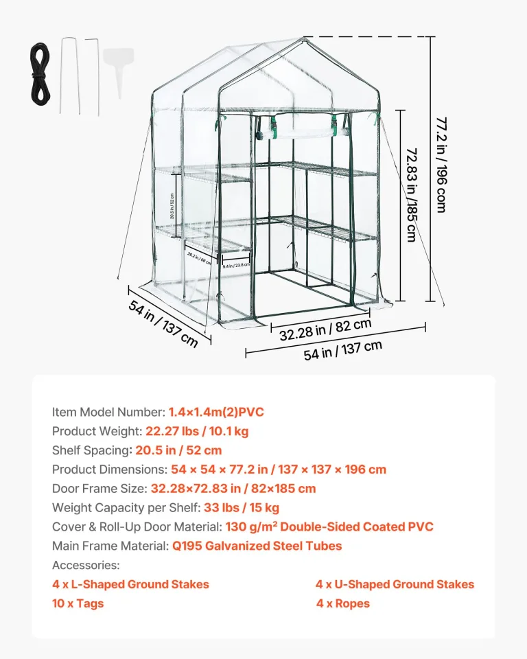 VEVOR Gewächshaus 137x137x196 cm, Foliengewächshaus, Tomatenhaus, Tomatengewächshaus mit PVC-Abdeckung, 2 Ebenen, 10 Regalböden, Aufrollbarer Reißverschlusstür, Treibhaus für Außenbereich – Bild 7