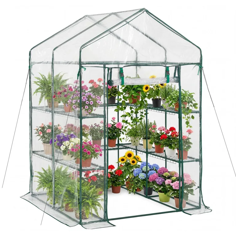 VEVOR Gewächshaus 137x137x196 cm, Foliengewächshaus, Tomatenhaus, Tomatengewächshaus mit PVC-Abdeckung, 2 Ebenen, 10 Regalböden, Aufrollbarer Reißverschlusstür, Treibhaus für Außenbereich – Bild 1