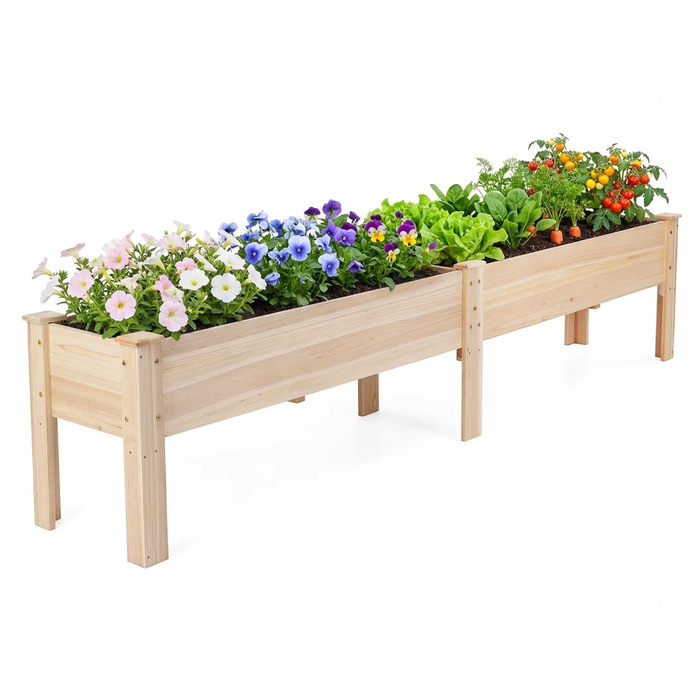 COSTWAY Hochbeet Holz, Pflanzbeet für Kinder, 240 x 43,5 x 51,5 cm, 2 Pflanzbereichen, Blumenkübel mit Ablauflöchern, Kräuterbeet rechteckig, Anzuchtbeet Gartenbeet, Garten Terrasse Balkon, Natur - Bild 1