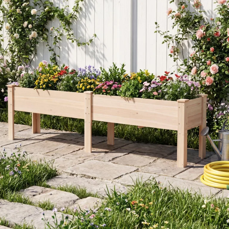 COSTWAY Hochbeet Holz, Pflanzbeet für Kinder, 240 x 43,5 x 51,5 cm, 2 Pflanzbereichen, Blumenkübel mit Ablauflöchern, Kräuterbeet rechteckig, Anzuchtbeet Gartenbeet, Garten Terrasse Balkon, Natur – Bild 2