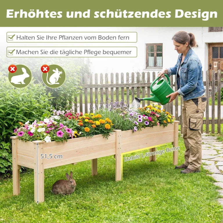 COSTWAY Hochbeet Holz, Pflanzbeet für Kinder, 240 x 43,5 x 51,5 cm, 2 Pflanzbereichen, Blumenkübel mit Ablauflöchern, Kräuterbeet rechteckig, Anzuchtbeet Gartenbeet, Garten Terrasse Balkon, Natur – Bild 4