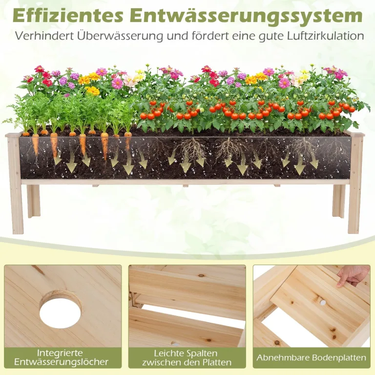 COSTWAY Hochbeet Holz, Pflanzbeet für Kinder, 240 x 43,5 x 51,5 cm, 2 Pflanzbereichen, Blumenkübel mit Ablauflöchern, Kräuterbeet rechteckig, Anzuchtbeet Gartenbeet, Garten Terrasse Balkon, Natur – Bild 5
