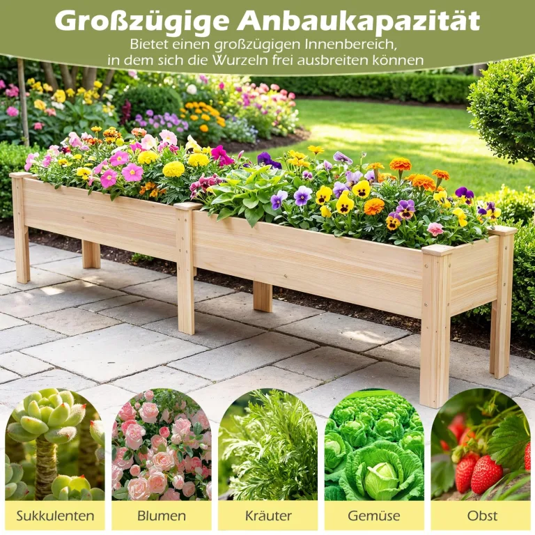 COSTWAY Hochbeet Holz, Pflanzbeet für Kinder, 240 x 43,5 x 51,5 cm, 2 Pflanzbereichen, Blumenkübel mit Ablauflöchern, Kräuterbeet rechteckig, Anzuchtbeet Gartenbeet, Garten Terrasse Balkon, Natur – Bild 7