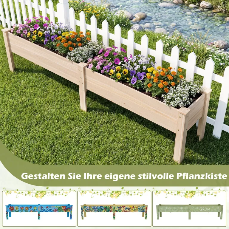 COSTWAY Hochbeet Holz, Pflanzbeet für Kinder, 240 x 43,5 x 51,5 cm, 2 Pflanzbereichen, Blumenkübel mit Ablauflöchern, Kräuterbeet rechteckig, Anzuchtbeet Gartenbeet, Garten Terrasse Balkon, Natur – Bild 8