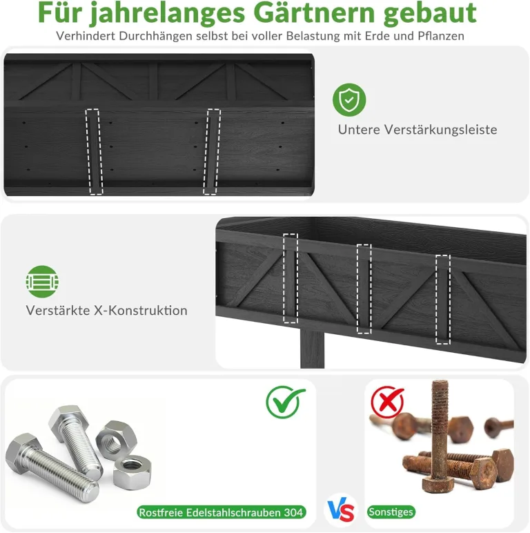 Hochbeet 183x44x73cm, Wetterfestes Pflanzkübel Außen mit Ablagefach, 6 Haken & 2 Vlieseinlagen, Für Gemüse Blumen Kräuter, Garten Balkon Terrasse (2 Stücke Schwarz) – Bild 4